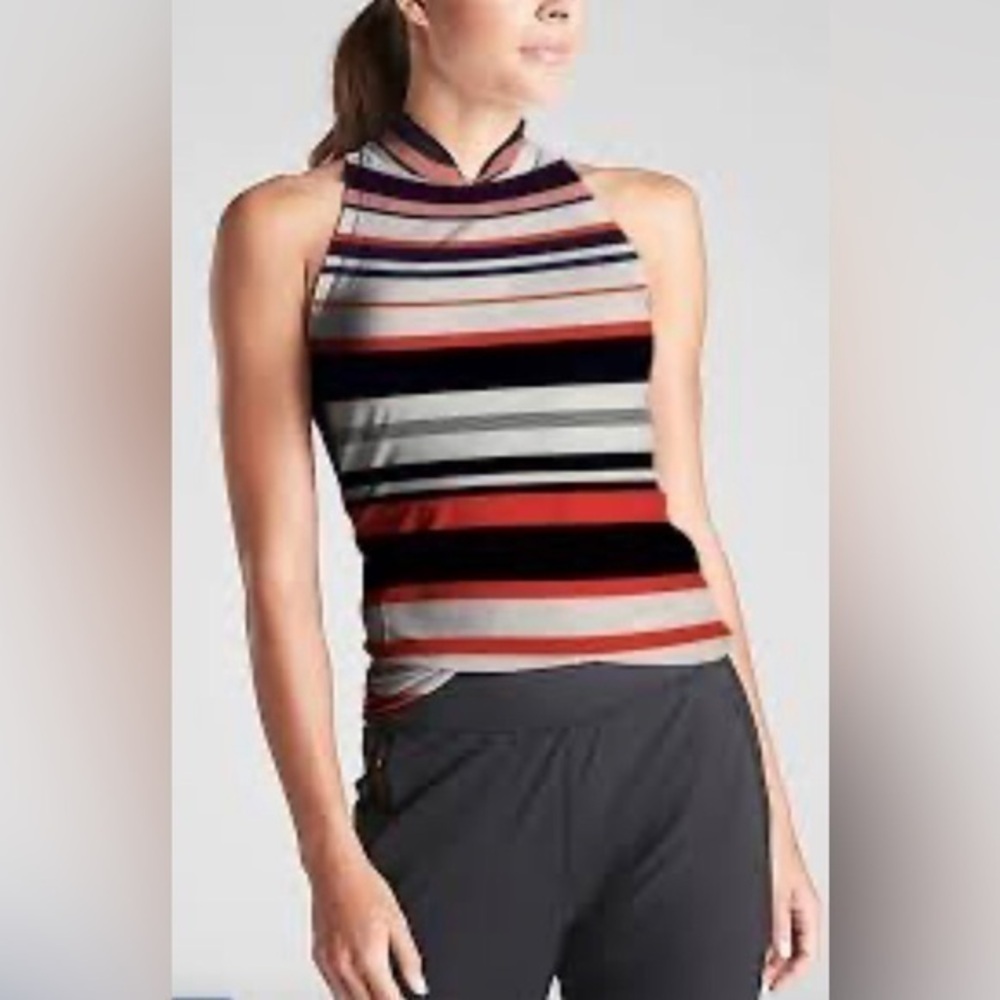 Tommy Hilfiger sleeveless, mock neck, black and pink striped blouse Size small